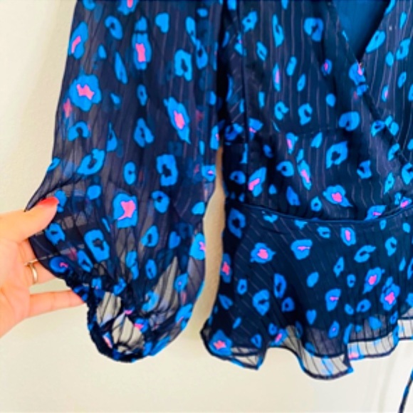 Blue Black & Pink Cheetah Print Wrap Top Puff Sleeves | Size M - Picture 4 of 6